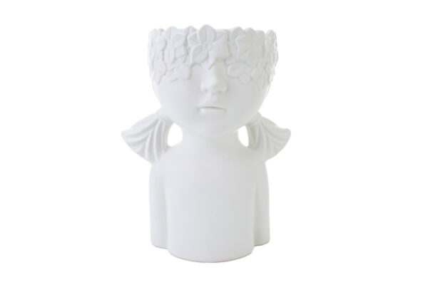 Vaso decorativo a busto di ragazza in porcellana bianca, ornato con dettagli floreali sulla testa, 22x17xh.28 cm.
