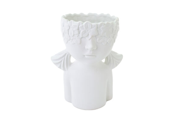 VASO BUSTO GIRL in porcellana bianca, design dettagliato con fiori e ali, dimensioni 22x17xh.28 cm.