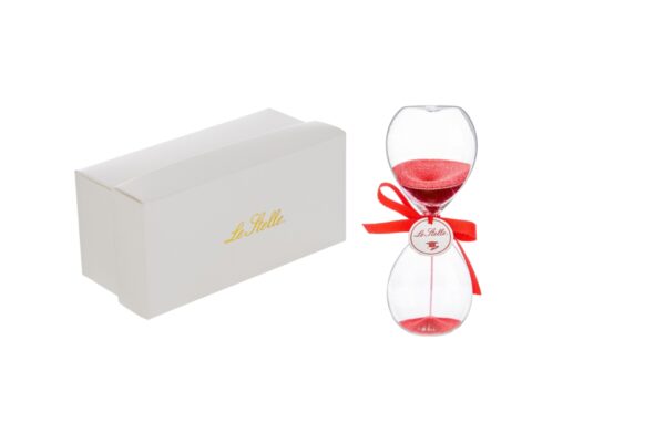 Clessidra laurea h.15 cm con sabbia rossa e fiocco rosso, accompagnata da astuccio bianco elegante con scritta dorata.
