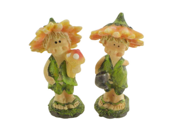 Due statuine BIMBI GIRASOLE in resina, 3,5x7 cm, con cappello a forma di girasole e vestiti verdi.
