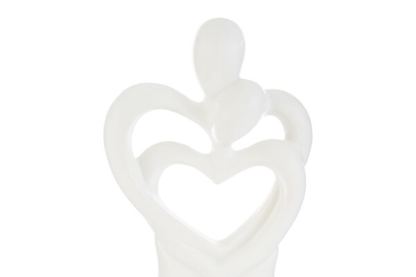 Statua in porcellana bianca raffigurante una coppia di sposi stilizzati con un cuore al centro, dimensioni 16x7xh.25cm.