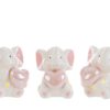 Elefantini in porcellana LED rosa, decorati con cuori e dettagli luminosi. Set 3 pezzi, misura 6,5x8,5 cm, con shopper incluso.