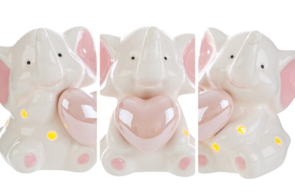 Elefantino in porcellana LED rosa, 3 varianti, dimensioni 6,5x8,5 cm con shopper incluso. Decorazione dolce e luminosa.