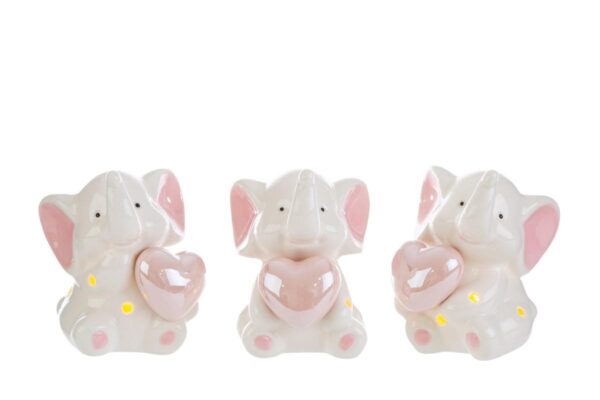 Elefantini in porcellana LED rosa, decorati con cuori e dettagli luminosi. Set 3 pezzi, misura 6,5x8,5 cm, con shopper incluso.