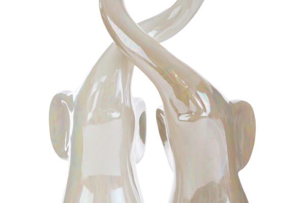 Set di 2 elefantini in porcellana bianca, design elegante con proboscidi intrecciate, dimensioni 7,5×11,5xh.35 cm.