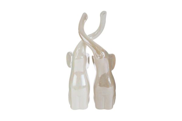 Set di 2 elefantini decorativi in porcellana bianca e beige, dimensioni 7,5x11,5xh.35 cm, con proboscidi intrecciate.