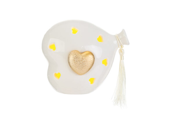 Cuore a forma di palloncino in porcellana bianca con dettagli LED gialli e cuore dorato centrale, 11x8x11 cm, completo di shopper.