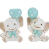 Due statuine di elefantini in resina celeste, ciascuno con un fiocco e un palloncino decorato con pois bianchi.