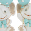 Elefantini decorativi in resina celeste con palloncino e papillon, dimensioni 5,5x6 cm, ideali per bomboniere o decorazioni.