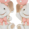 Due statuette di elefantini in resina rosa, ciascuna alta 6 cm, con fiocco rosa e palloncino, sorriso dolce e dettagli delicati.