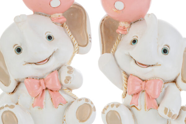 Due statuette di elefantini in resina rosa, ciascuna alta 6 cm, con fiocco rosa e palloncino, sorriso dolce e dettagli delicati.