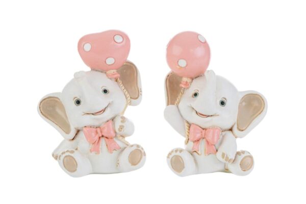 Due statuette di elefantini in resina rosa con fiocco e palloncino decorativo, altezza 6 cm.