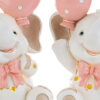 Due statuette di elefantini rosa in resina con fiocchi e palloncini a pois, design delicato. Dimensioni: 10x6xh.12 cm.