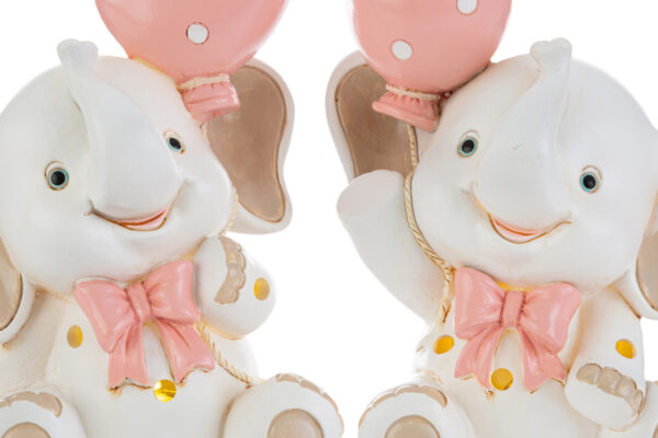 Due statuette di elefantini rosa in resina con fiocchi e palloncini a pois, design delicato. Dimensioni: 10x6xh.12 cm.
