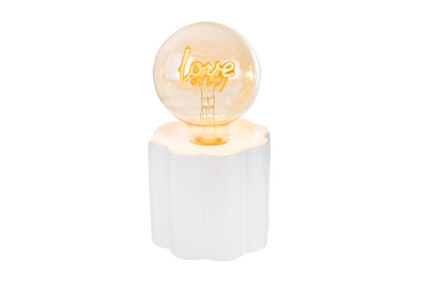 Lampada in porcellana bianca con LED "Love", dimensioni 10x18 cm, inclusa shopper. Design elegante per ogni ambiente.