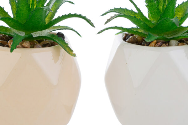 Vasetti con piantine artificiali in ceramica beige e bianco, design moderno, diametro 7 cm, altezza 8 cm, con shopper inclusa.