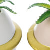 Vasetti decorativi in ceramica con bordo dorato e piantine verdi artificiali, ideali come complementi d'arredo.