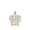 Corona in porcellana LED celeste decorata con cuori gialli, dimensioni 9x8x4,5 cm, fornita con shopper.