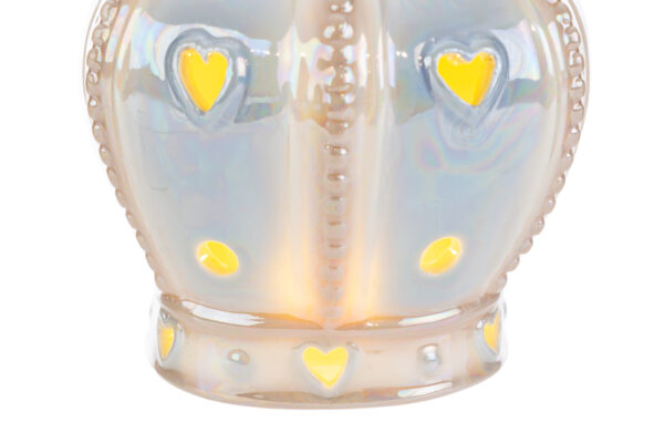CORONA in porcellana LED 9x8x4,5 cm celeste con dettagli a forma di cuore giallo; design luminoso elegante.