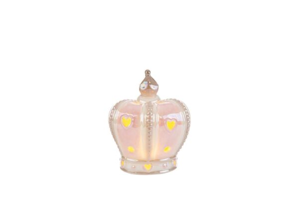 Corona decorativa in porcellana rosa con luci LED integrate, dimensione 9x8x4,5 cm, venduta con shopper.