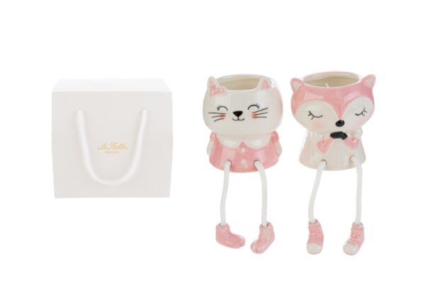 Candela in porcellana a forma di animali rosa con shopper, set 2 pezzi, dimensioni 7,5x7,5xh.8,5 cm.