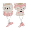 Candela in porcellana rosa a forma di gatto e volpe, decorativa con gambe pendenti. Misura 7,5x7,5xh.8,5 cm.