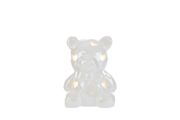 Orsetto in porcellana bianca con luci LED, dimensioni 8x7,5xh.10 cm, ideale come decorazione; include shopper.
