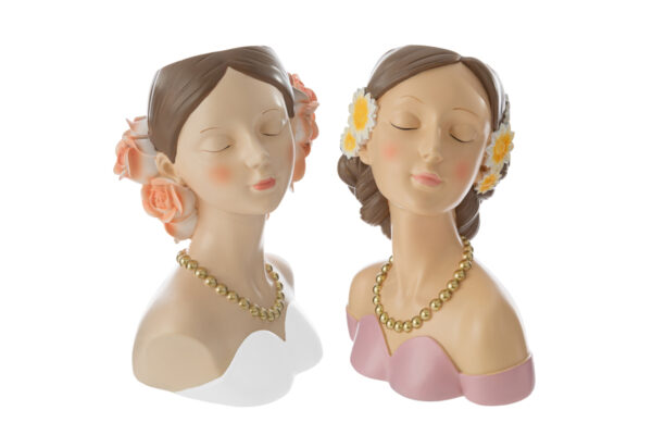 Due vasi decorativi in resina a forma di busto femminile, con dettagli floreali e collane dorate, dimensioni 20x13xh.27 cm.