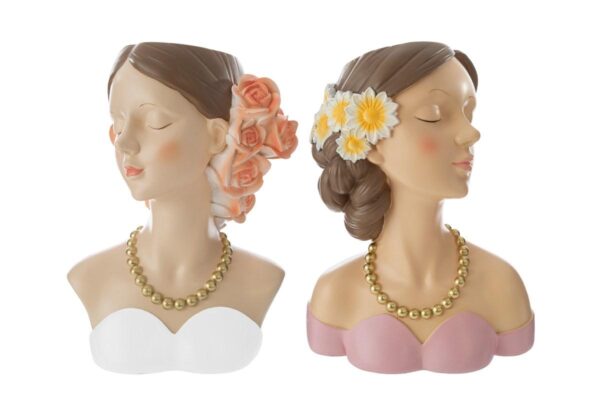 Due vasi decorativi in resina a forma di busto femminile, con dettagli floreali e collane dorate, misura 20x13xh.27 cm.