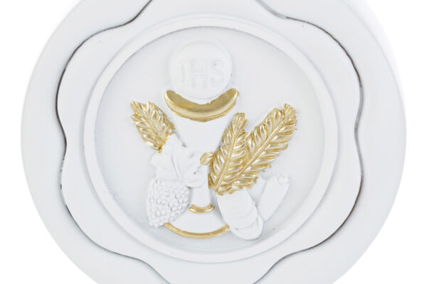 Porta profumo Prima Comunione in resina bianca e oro con simboli eucaristici, dimensioni 10x3xh.10 cm.