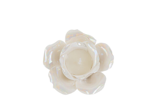 Candela a forma di rosa in porcellana bianca lucida, dimensioni 10,5×10,5xh.6,5 cm.