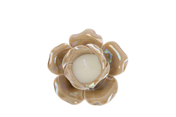 Candela decorativa beige a forma di rosa in porcellana, dimensioni 10,5×10,5xh.6,5cm, con dettaglio centrale luminoso.