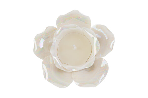 Candela decorativa a forma di rosa in porcellana bianca, dimensioni 14x14xh.7,5 cm, ideale per arredamento elegante.