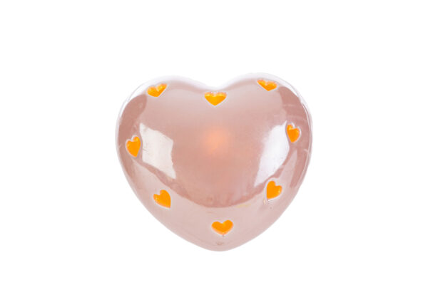 CUORE LED in porcellana rosa a forma di cuore con dettagli luminosi, dimensioni 8x8xh.5 cm, include shopper.