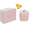Scatola candela in soia, porcellana rosa, 6,5×6,5xh.7 cm con coperchio e astuccio coordinato.