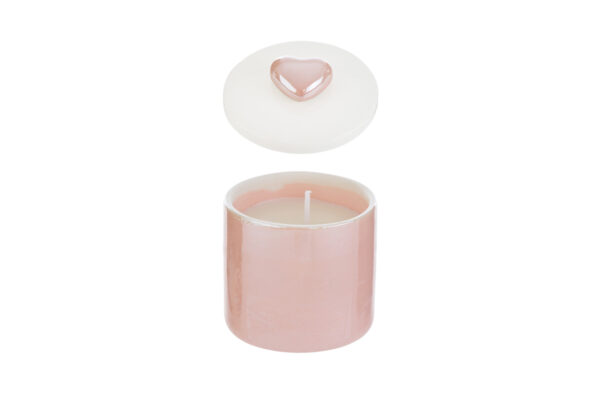Candela in cera di soia in scatola di porcellana rosa 6,5×6,5xh.7 cm con coperchio e astuccio decorativo.