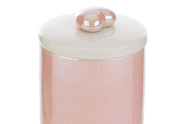 Scatola candela in porcellana rosa con coperchio decorato, dimensioni 6,5x6,5xh.7 cm.
