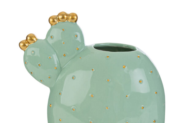VASO CACTUS in porcellana verde 14x8xh.20 cm con dettagli dorati, design moderno e apertura superiore per fiori o decorazioni.