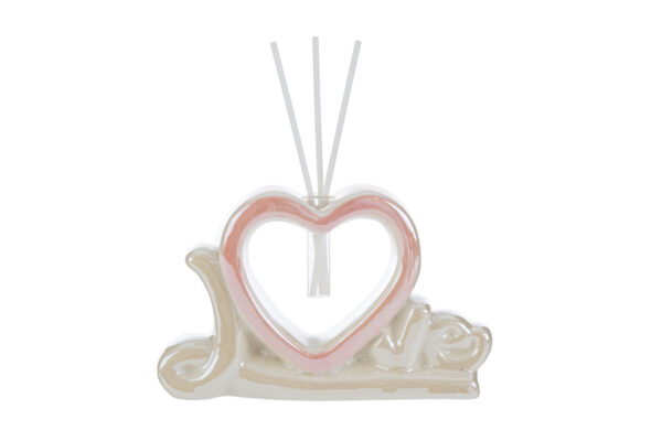 Profumatore a forma di cuore in porcellana bianca con scritta "Love", dimensioni 16,5x4,5xh.11 cm, completo di astuccio regalo.