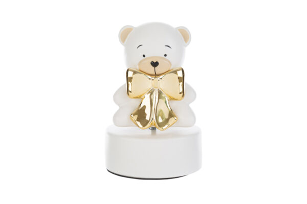 Carillon orsetto in porcellana bianca con fiocco dorato, 9x14 cm, elegante e raffinato.