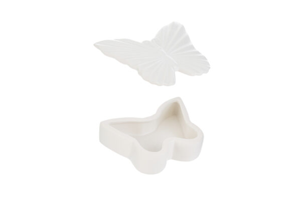 Scatola in porcellana bianca a forma di farfalla, composta da base e coperchio rimovibile, dimensioni 14x10,5xh.4,5 cm.