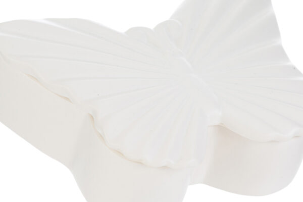 Scatola in porcellana bianca a forma di farfalla, dimensioni 14×10,5xh.4,5 cm, elegante e raffinata per uso decorativo.