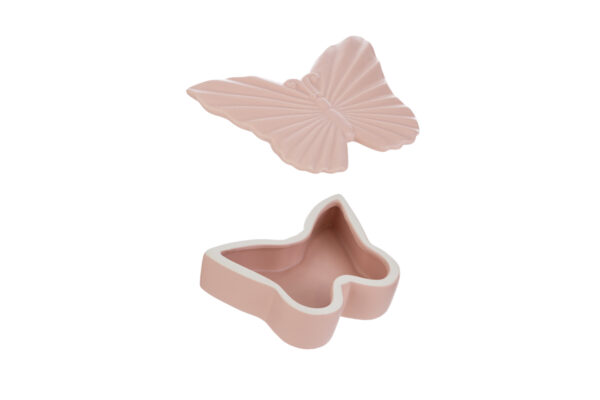 Scatola a forma di farfalla in porcellana rosa, dimensioni 14×10,5xh.4,5 cm, con coperchio dettagliato e base cava.