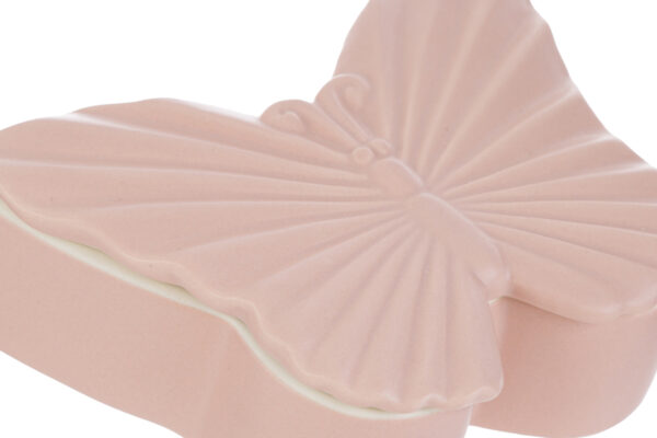 Scatola in porcellana rosa a forma di farfalla, dimensioni 14x10,5xh.4,5 cm, con dettagli delicati sulle ali.