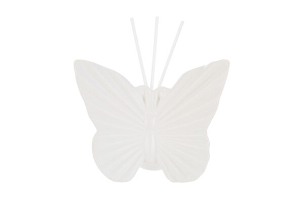 Profumatore in porcellana bianca a forma di farfalla, 13x7xh.10 cm, con bastoncini diffusori inclusi e astuccio elegante.