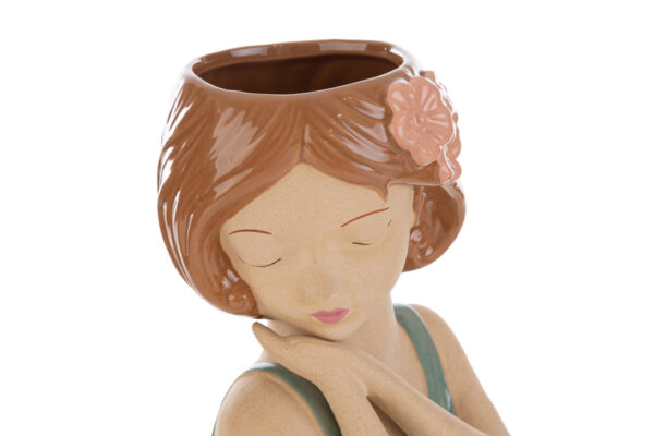 VASO CERAMICA GIRL, design donna con fiore nei capelli, dimensioni 11,5x10,5xh.15,5 CM, ideale per decorazione.