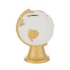 Salvadanaio a forma di mappamondo in porcellana bianco e oro, dimensioni 11x10xh.15 cm, con shopper incluso.