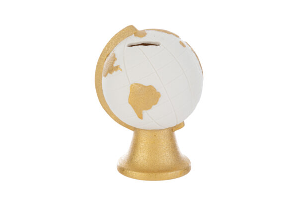 Salvadanaio a forma di mappamondo in porcellana bianco e oro, dimensioni 11x10xh.15 cm, con shopper incluso.