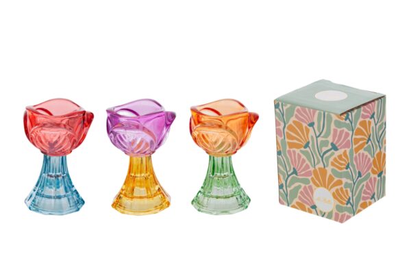 Portacandele in vetro colorato a forma di tulipano, 3 varianti (rosso, viola, arancione), confezione decorata inclusa.