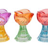 Portacandele Tulipano in vetro colorato, disponibili in tre colori assortiti: viola, arancione e rosso.